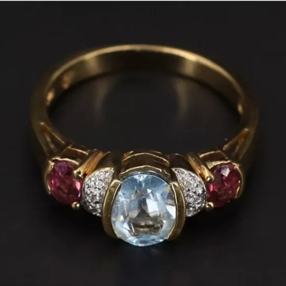 Sterling silver Fessenden &co. Topaz, white CZ and Garnet Gold ring, sz. 7.5 - Picture 1 of 5